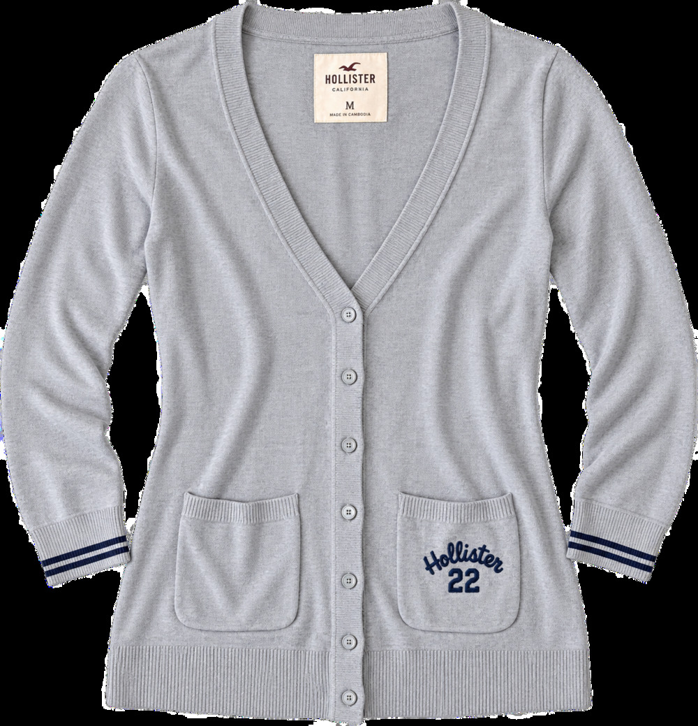 Hollister Gray V-Neck Button-Up Cardigan Sweater with Embroidered 22 Pocket